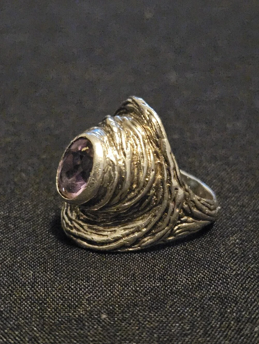 Vintage Modernist Sterling Silver Amethyst Statement Ring Chunky Artisan Size 7